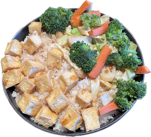 Tofu Teriyaki $14.99 Fried tofu, savory teriyaki sauce, crisp broccoli, carrots and cabbage served over fluffy white rice. 1.5 lbs of deliciousness!