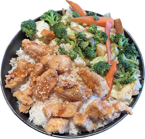 Crispy Chicken Teriyaki $14.99 Crispy chicken, savory teriyaki sauce, crisp broccoli, carrots and cabbage served over fluffy white rice. 1.5 lbs of deliciousness!